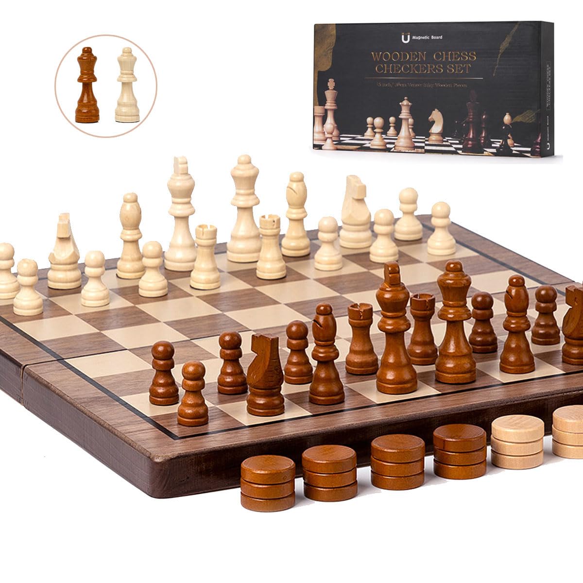 Chess Set 15'' Chess Board Wooden Magnetic Folding Chess Board Set For Adults & Kids Checkers Game For Kids Portable Travel Ches