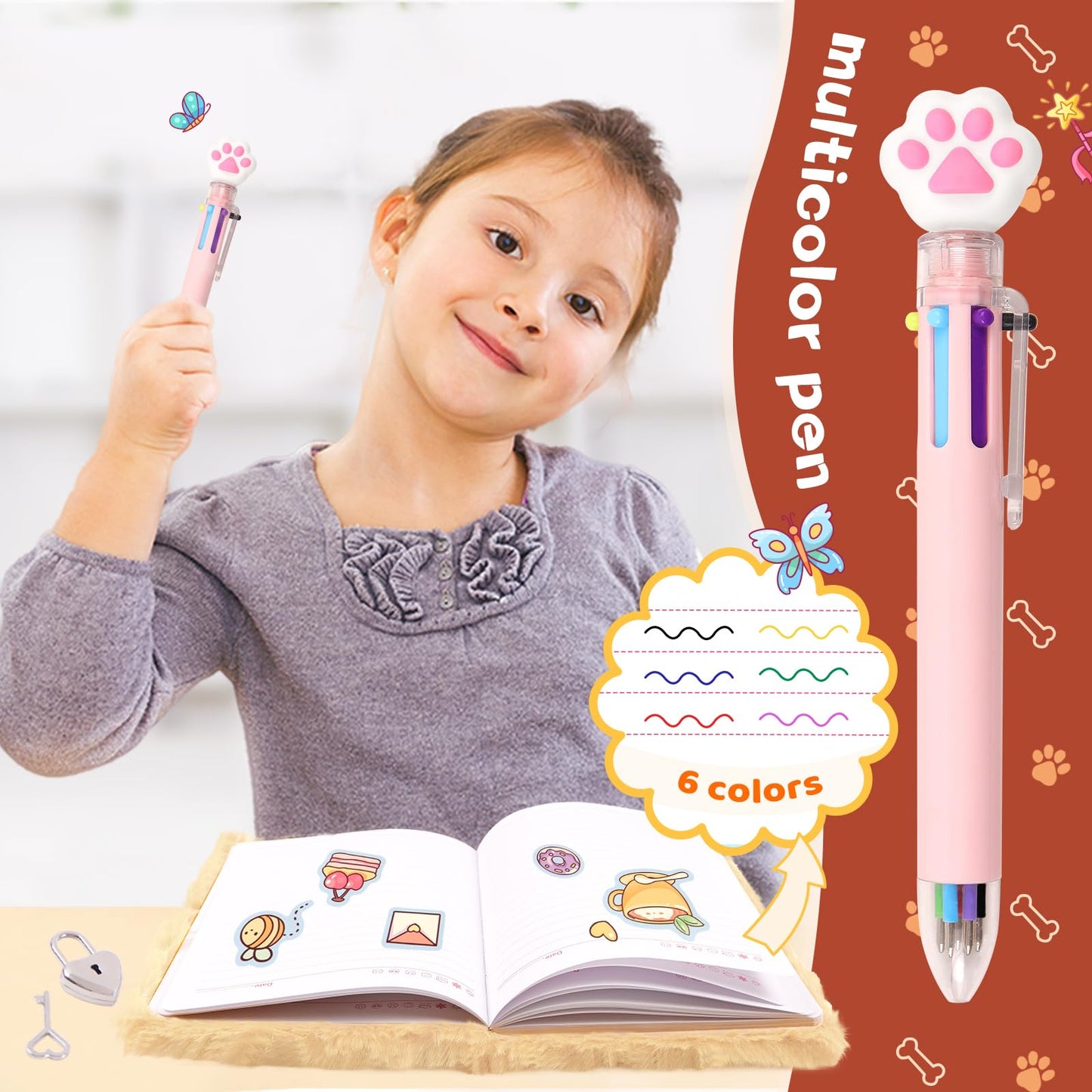 French bulldog Diary with Lock,Fluffy Dog Diary for 6 7 8 Year Old Girl,Kids Journal Notebook Gift Set with Multicolored Pen,Plu