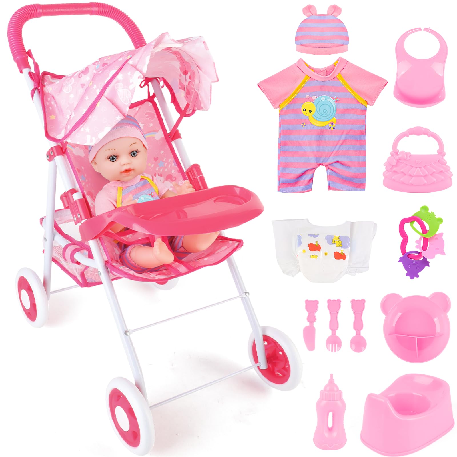 deAO Baby Doll Stroller 12 Baby Doll Set with Foldable Doll Stroller 15 PCS Baby Doll Accessories for Toddlers 3-5 Christmas Bir