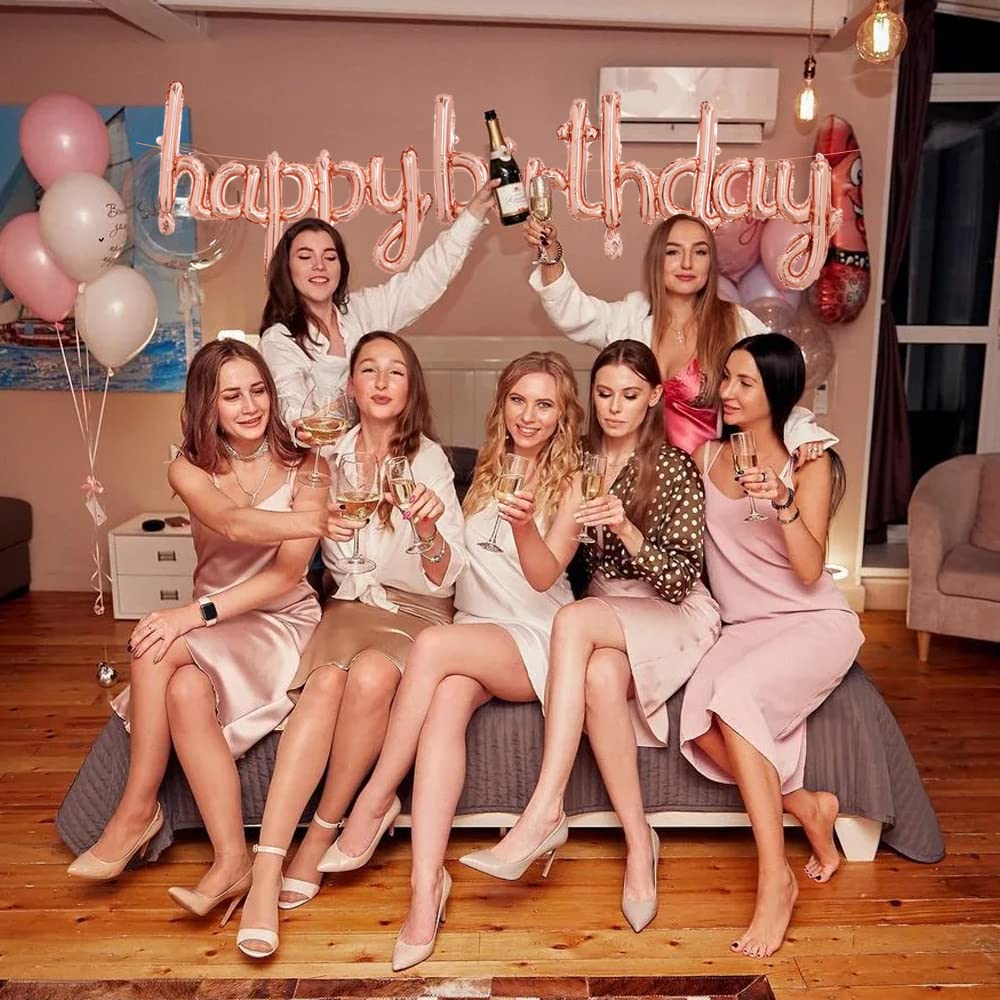 Toniful Rose Gold Happy Birthday Balloons Banner, 16 Inch Mylar Foil Script/Cursive Letters Birthday Sign Banner Balloon Reusabl