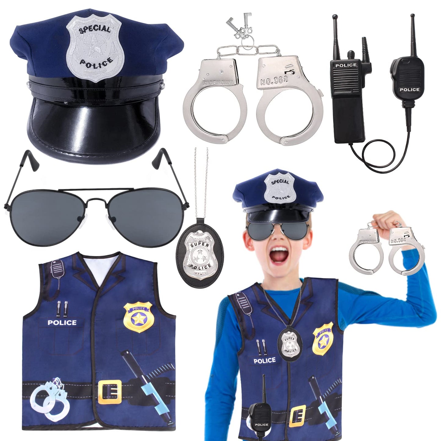 Keymall Kids Police Officer Costume 6 Pcs Including Cop Hat Vest Sunglasses Badge Holder Handcuff Walkie Talkie For Halloween Prentend Play Dress Up