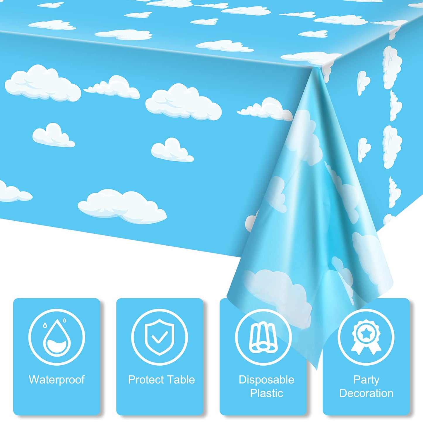 Blue Sky White Clouds Birthday Party Supplies Cartoon Story Tablecloth Party Table Cover Cartoon Table Banner For Baby Kids Shower Birthday Party Decorations, 54 X 108 Inch(4)