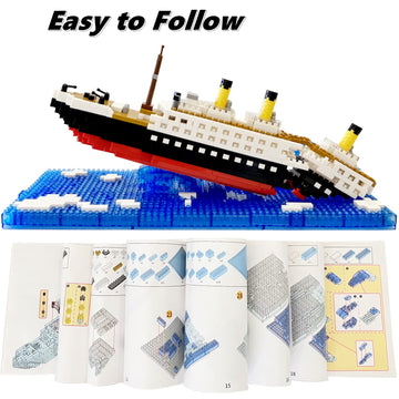 Vziimo Titanic Ship In A Bottle Building Set With Display Case, Collectible Architecture Sunken Ship Micro Blocks Kits For Adults Age 12+ Gift, Compatible With Nano (1040 Pieces)