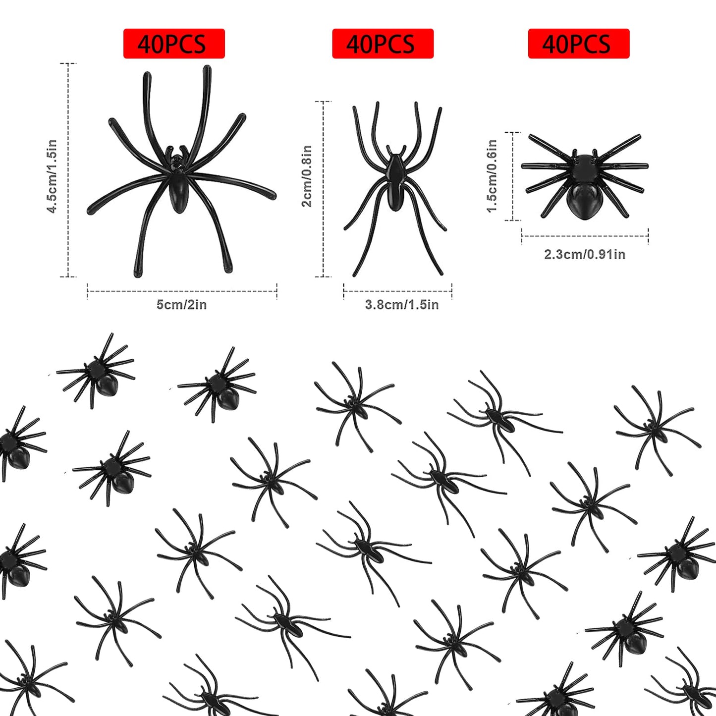 Kijamilee 120Pcs Plastic Realistic Spiders Halloween Decorations, 3 Sizes Small Spider Toys, Black Spider For Halloween Party De