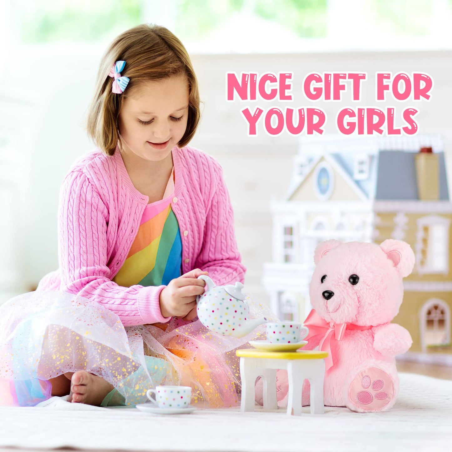Chalyna 10 Inch Bear Stuffed Animal Gift First Bear Baby Shower Plush Toy For Wedding Birthday Easter Back To School Gift(Pink)