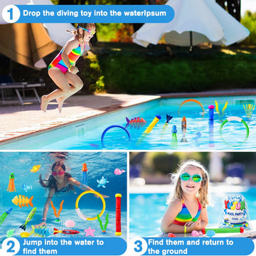 Yujun 35Pcs Pool Diving Swimming Toys, Summer Underwater Game Toys With Pool Fishes Dive Sticks Rings Gems Storage Bag For Kids Swim Birthday Party Favors