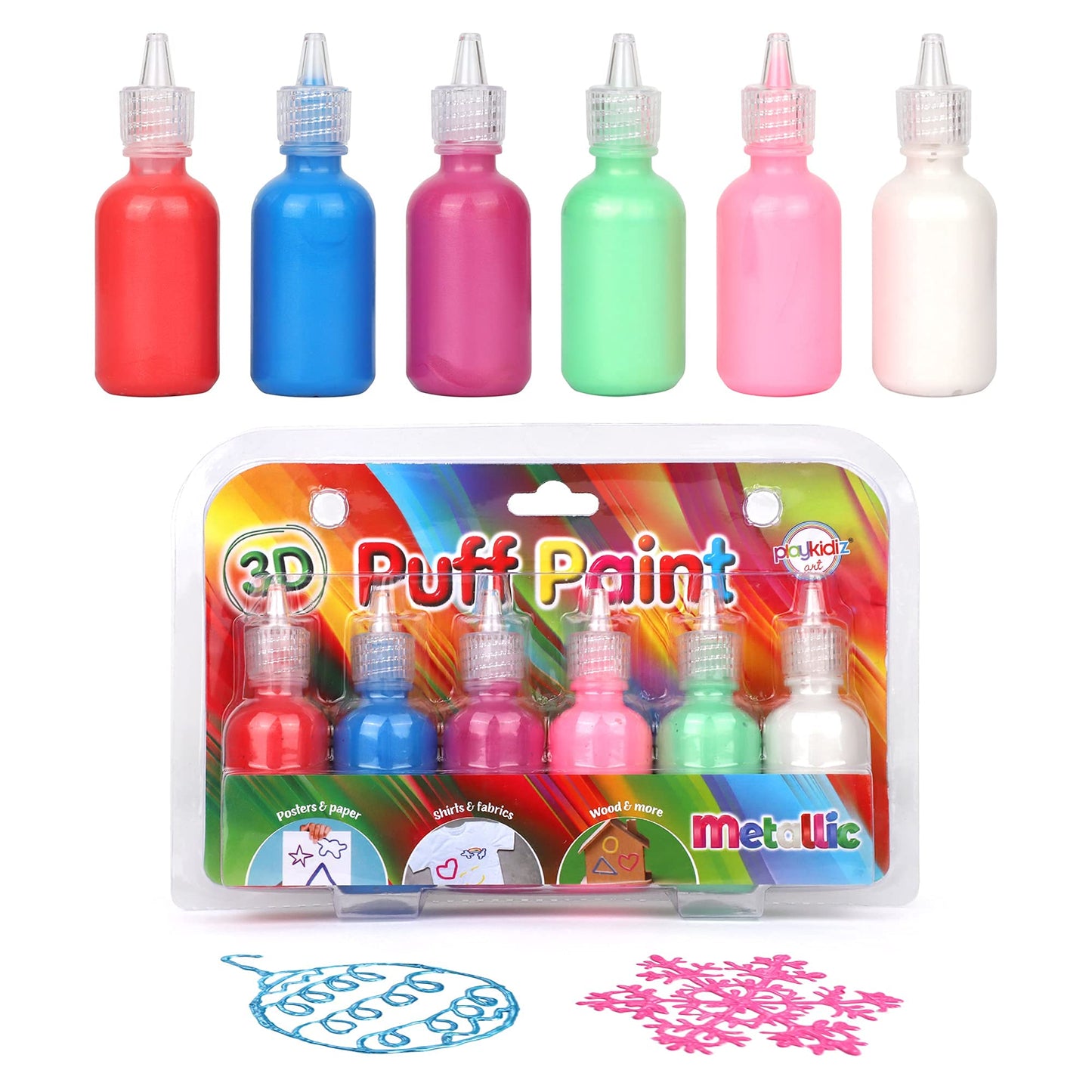 Playkidiz Puff Paint, 6 Pack 3D Fabric Paint, Metallic Colors, Permanent Nontoxic Paint Set for Kids, Ages 3+