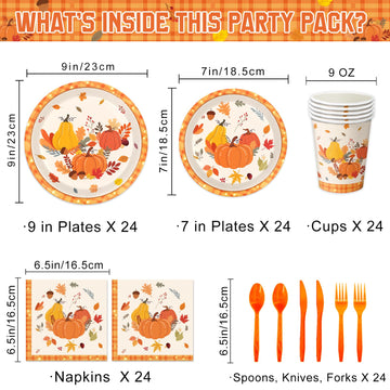 LINHAXM 168 PCS Thanksgiving Fall Party Supplies Autumn Pumpkin Tableware Set Includes Paper Plates, Napkins, Cups, Cutlery for