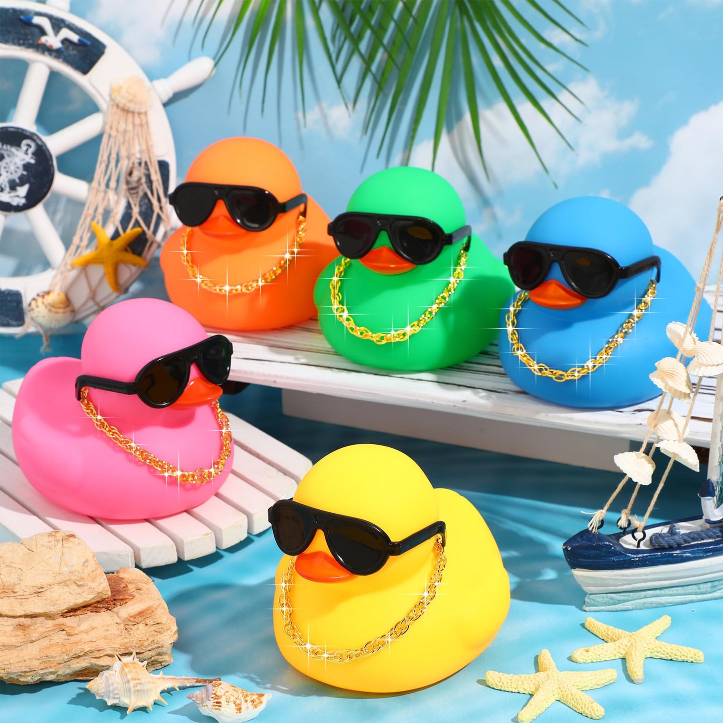 RoundFunny 10 Sets Jumbo Rubber Ducks with Sunglasses 5 Inch Giant Squeaky Rubber Ducks Big Floating Bathtub Toys for Shower Bir