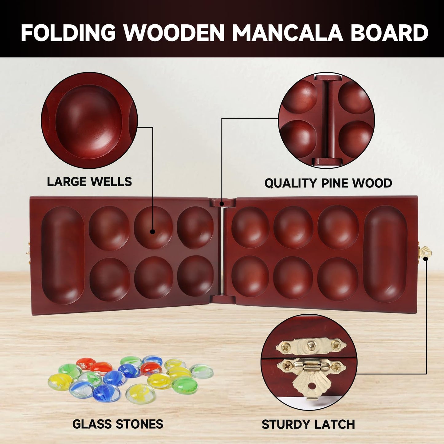 GSE Folding Wooden Mancala Board Game with Multi-Color Glass Stones and Storage Bag  Portable Family Travel Strategy Games Set for Kids & mature-themeds (Mahogany)