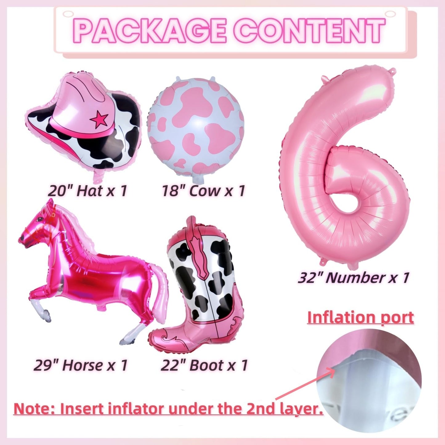 Kwuz Western Cowgirl Balloons Pink 6th Birthday Party Decorations, Retro Horse Cowgirl Hat Boot Balloons Girls Western Theme Rod