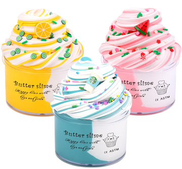Keemanman Butter Slime Kit 3 Pack With Watermelon, Latte And Lemon Charms, Cool Preppy Stuff, Cute Stress Relief Toys And Birthday Gifts Ideas For Girls And Boys, Scented Aesthetic Stuff For Kids
