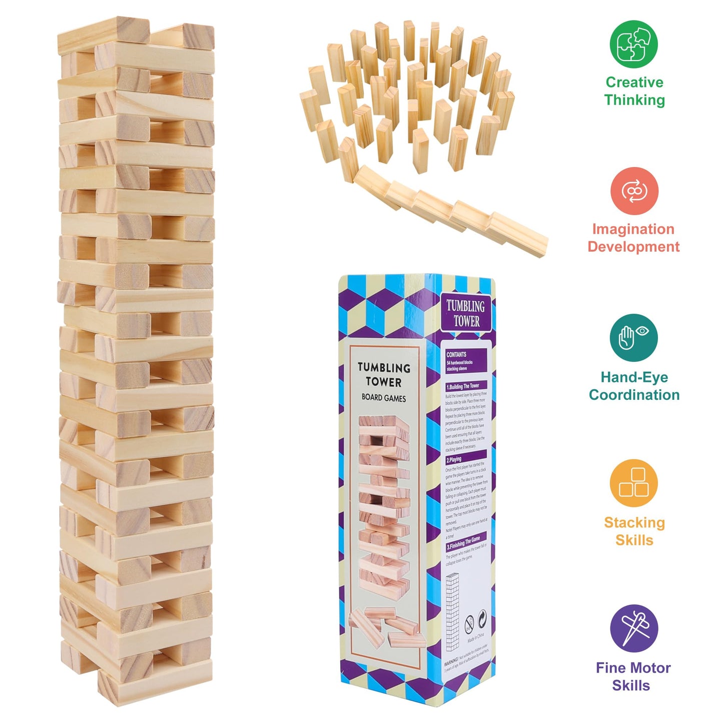 Offelec Wooden Blocks Stacking Tumbling Tower Game For Kids Adults Family 54 Pcs Classic Block Stacking Board Games For Indoor O