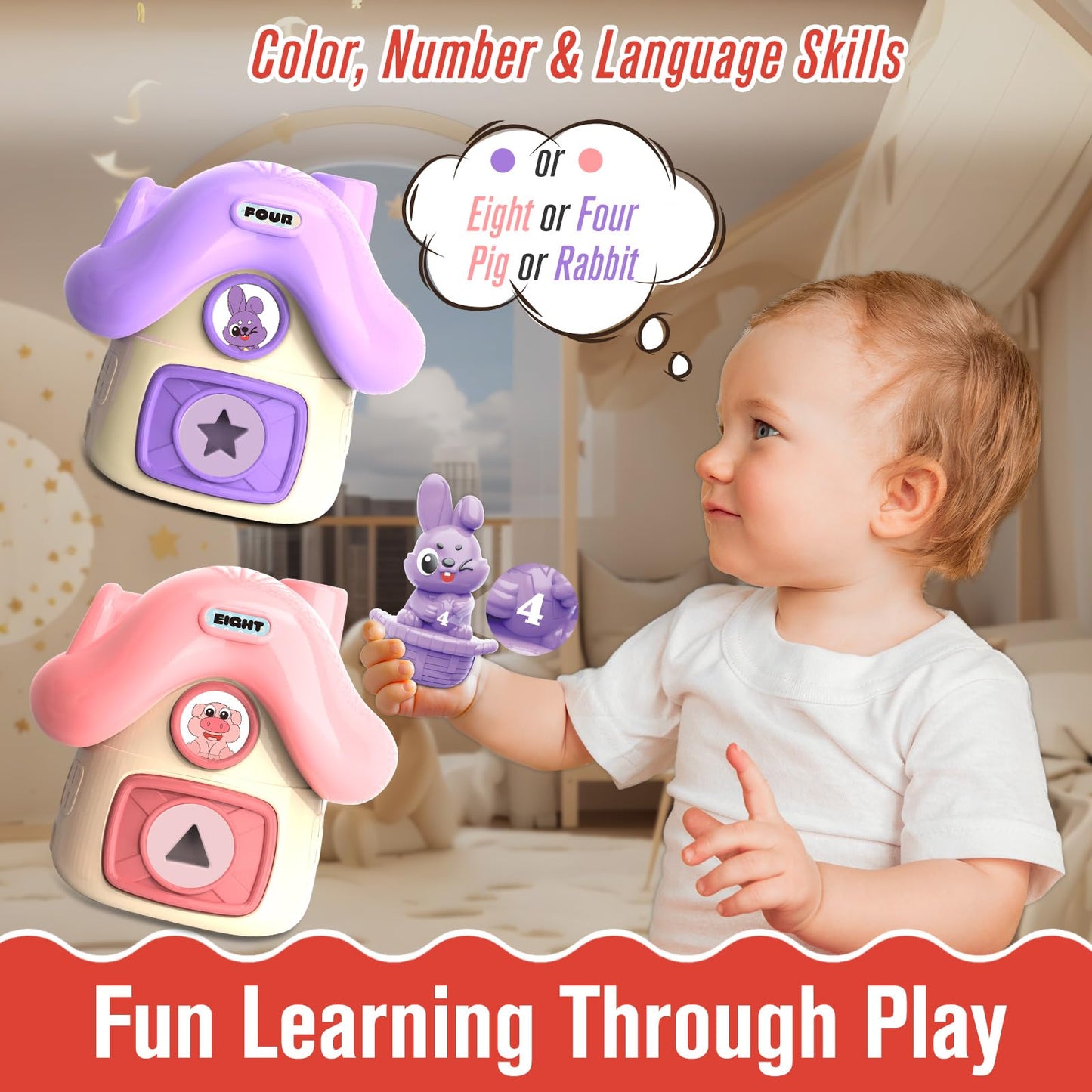 Montessori Learning Toys for Toddlers 1 2 3 Years Old, Farm Animals and Stacking Barn Set for Baby Boy Girl Birthday, Number Mat