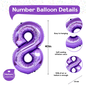 8Th Birthday Number Balloons For Kids, Self Inflating 40 Inch Purple Foil 8 Balllon, Large Number 8 Balloons For Girls 8 Years O