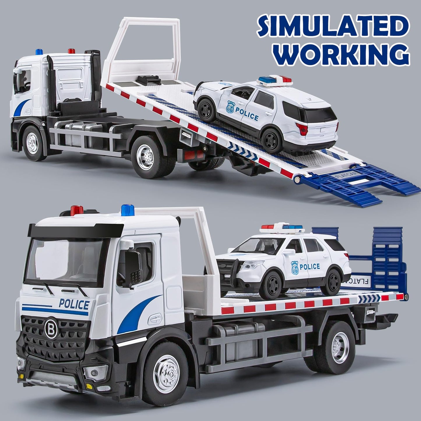 HAPYAD Police Tow Truck Toy Metal Cab, Flatbed Tow Truck Toys for Boys with Lights and Siren Sounds, Friction Powered Police Car