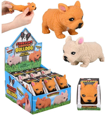Squishy Stretchy Bulldog 12 Pack (2.5'' to 6.5'') Rubber Fidget Sensory Toy Filled with Sand. Great Stress Relief Dog Toy for Ki