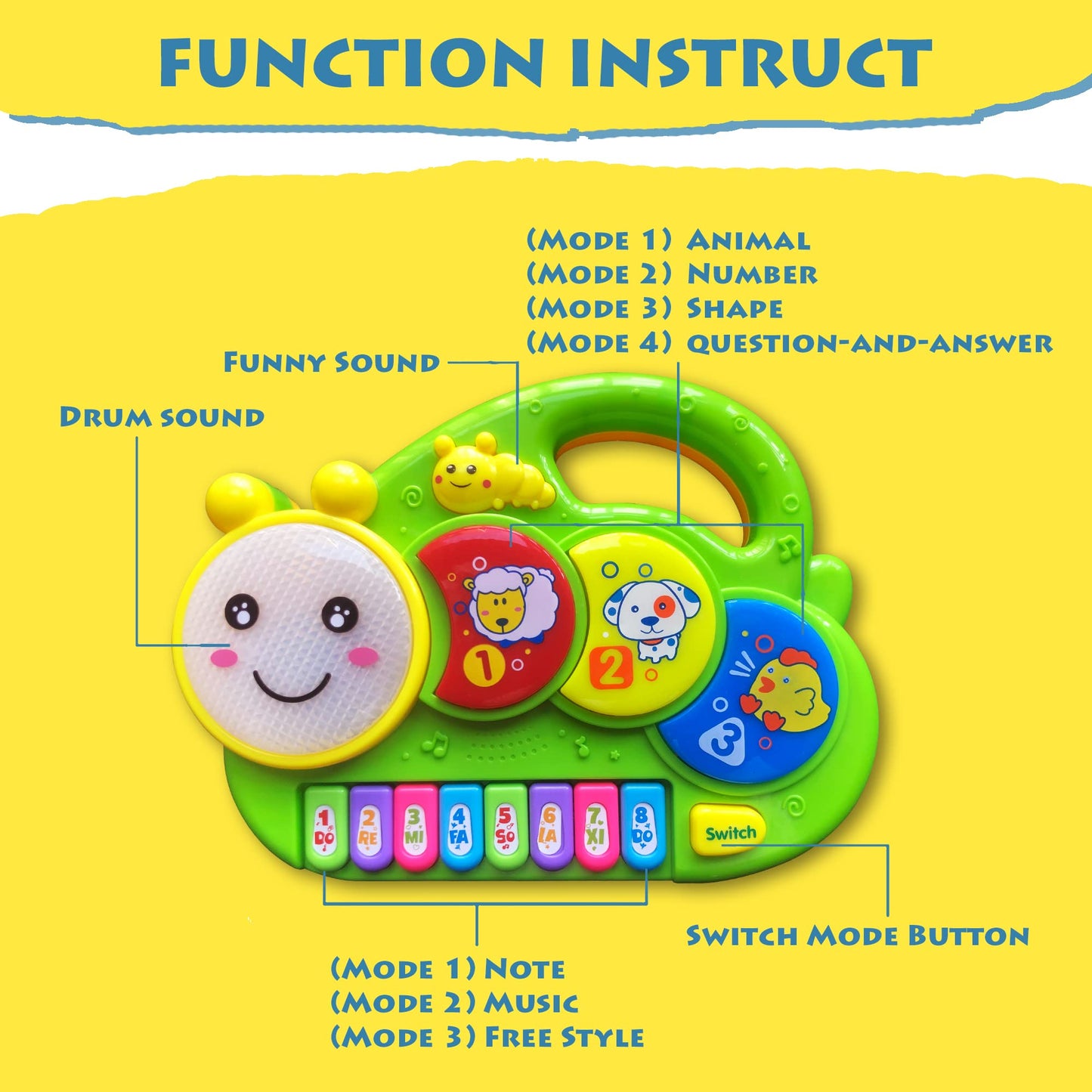 AMINFUN Baby Piano Drum 6-12 Months Toy, Caterpillar Piano Keyboard Drum Light Up Sound Musical Toy, Learning Educational Intera