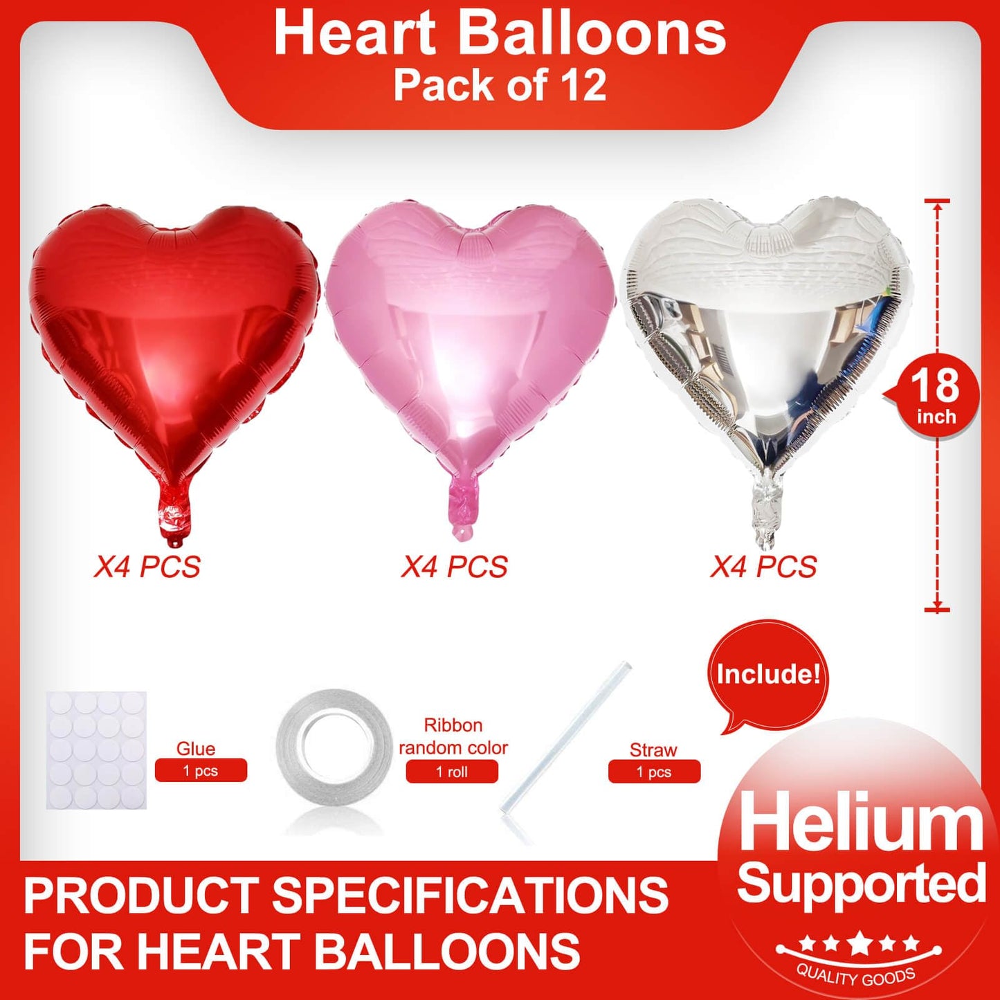 Red Heart Shaped Balloons Pack Of 12,18 Inch Silver Love Valentine Balloons Pink Heart Romantic Balloons For Valentines Day Prop