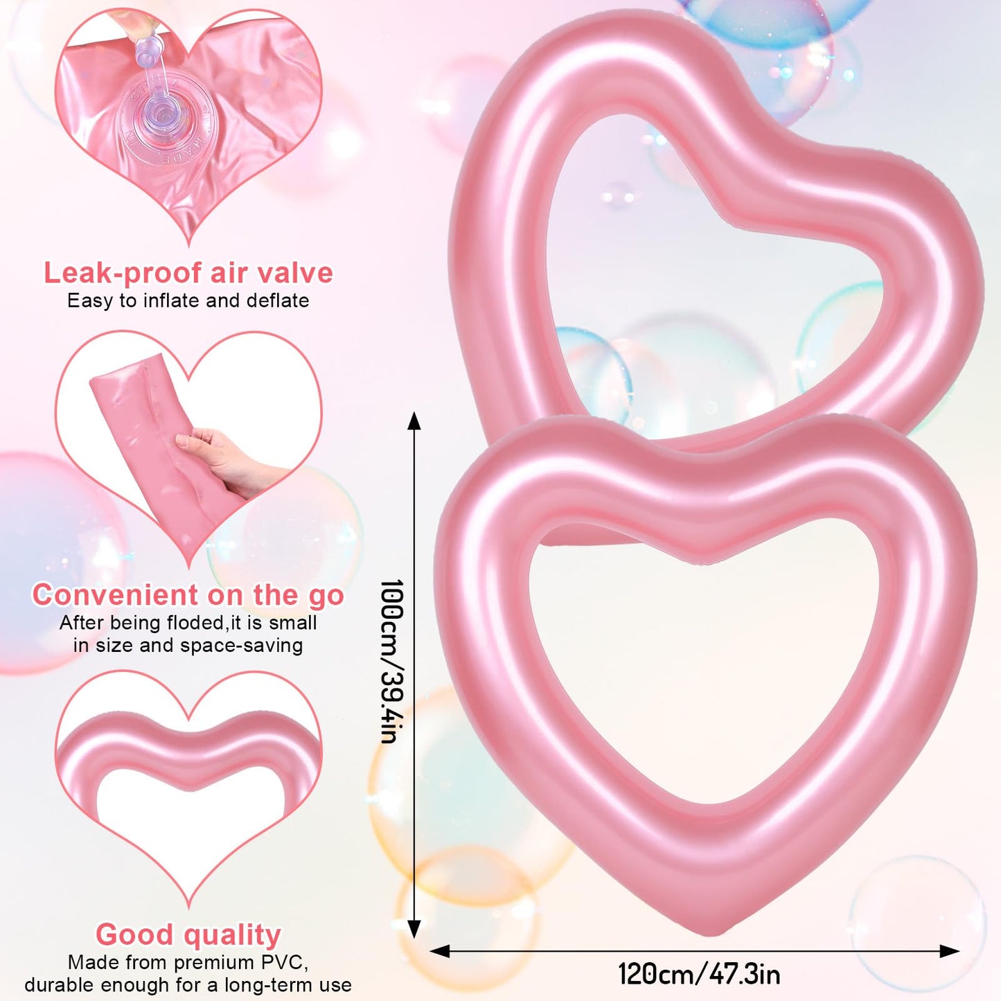 Whaline 3Pcs Inflatable Heart Pool Float Rose Gold Pink White Swim Heart Shaped Pool Rings Float Loungers Tube For Summer Swimmi
