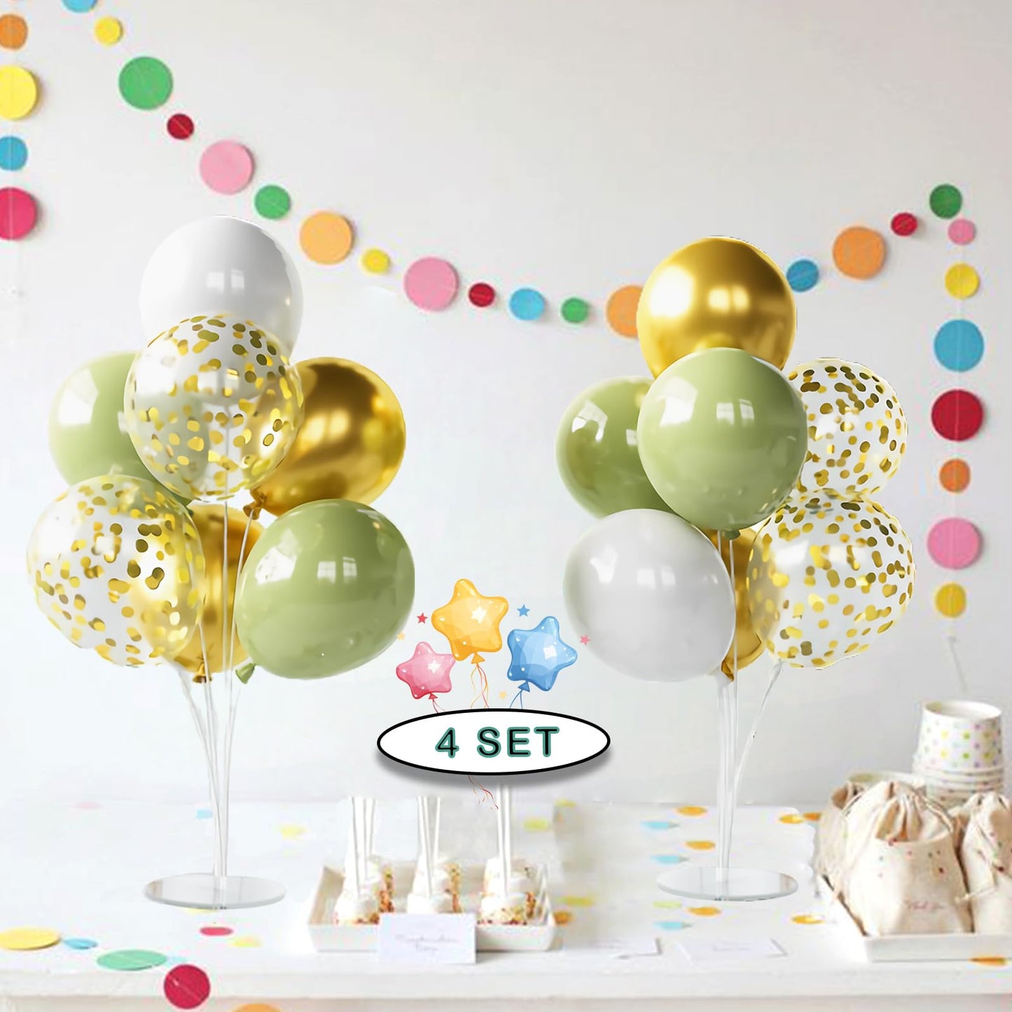 Balloon Centerpieces for Table, 28 Pcs Sage Green White Gold Confetti latex balloons with 4 Set 28 Balloon Stands for Table for 