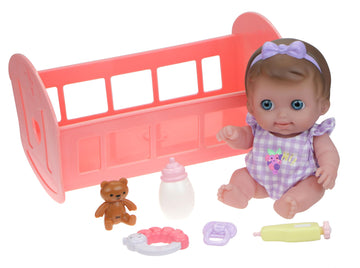 Jc Toys Lil Cutesies 9'' All Vinyl Baby Doll Bed Time Gift Set | Posable And Washable | Removable Outfit | Rocking Crib And Bed