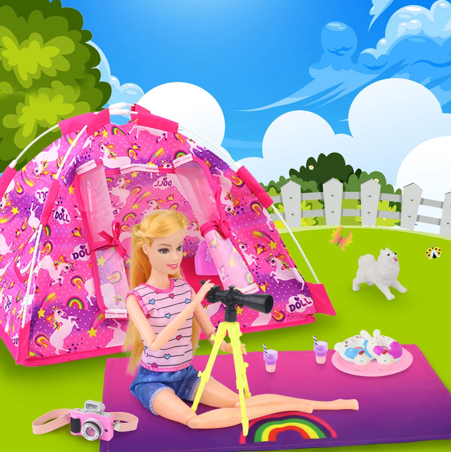 Ecore Fun 15 Pcs Doll Camping and Accessories Set for 11.5 Inch Girl Doll Includes Doll Tent  Clothes  Chair  Camera  Drink  Cupcake  Donut  Telescope  Toy Dog  Bag