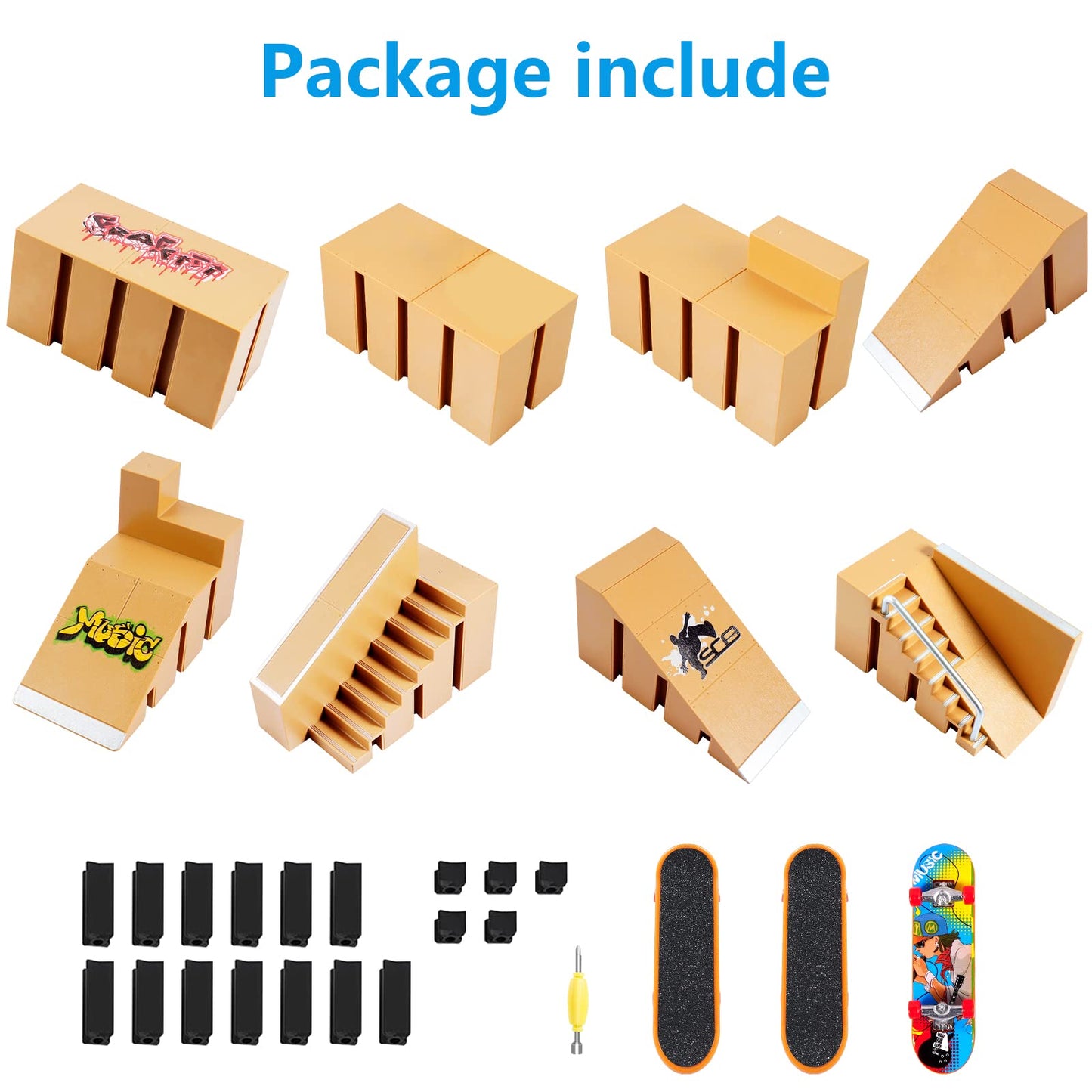 Fingerboard Skate Park Kit Skateboard Finger Toys with 3 Finger Skateboards & 8 Skatepark Deck Ramp for Boys or Girls Gift  Mini Finger Board Skate Training for Kids Ages 5 and up