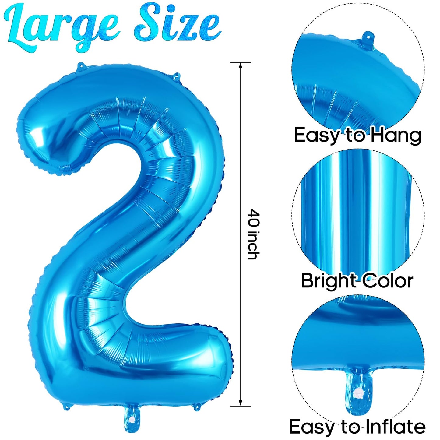 Blue Number 2 Balloon 40 Inch, Big Large Foil Helium Number Balloons, Jumbo Giant Mylar Number 2 Balloons For 2 Second Birthday