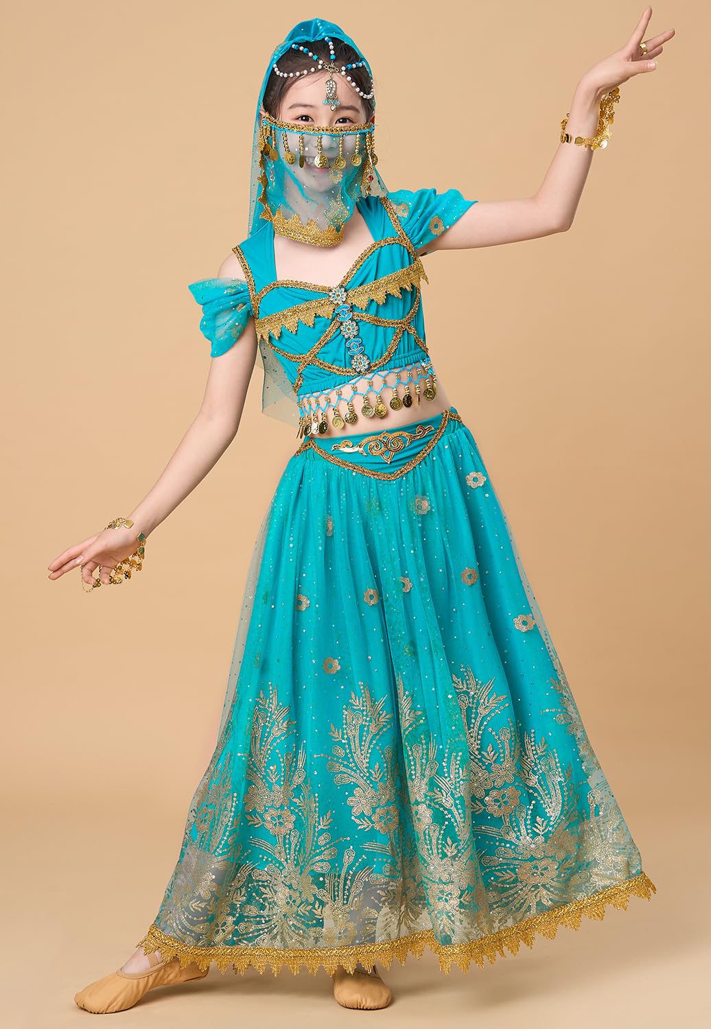 Ellydoor Princess Jasmine Costume For Girls Aladdin Dress Up Halloween Cosplay Party Belly Dance Outfit Blue, Tag 120