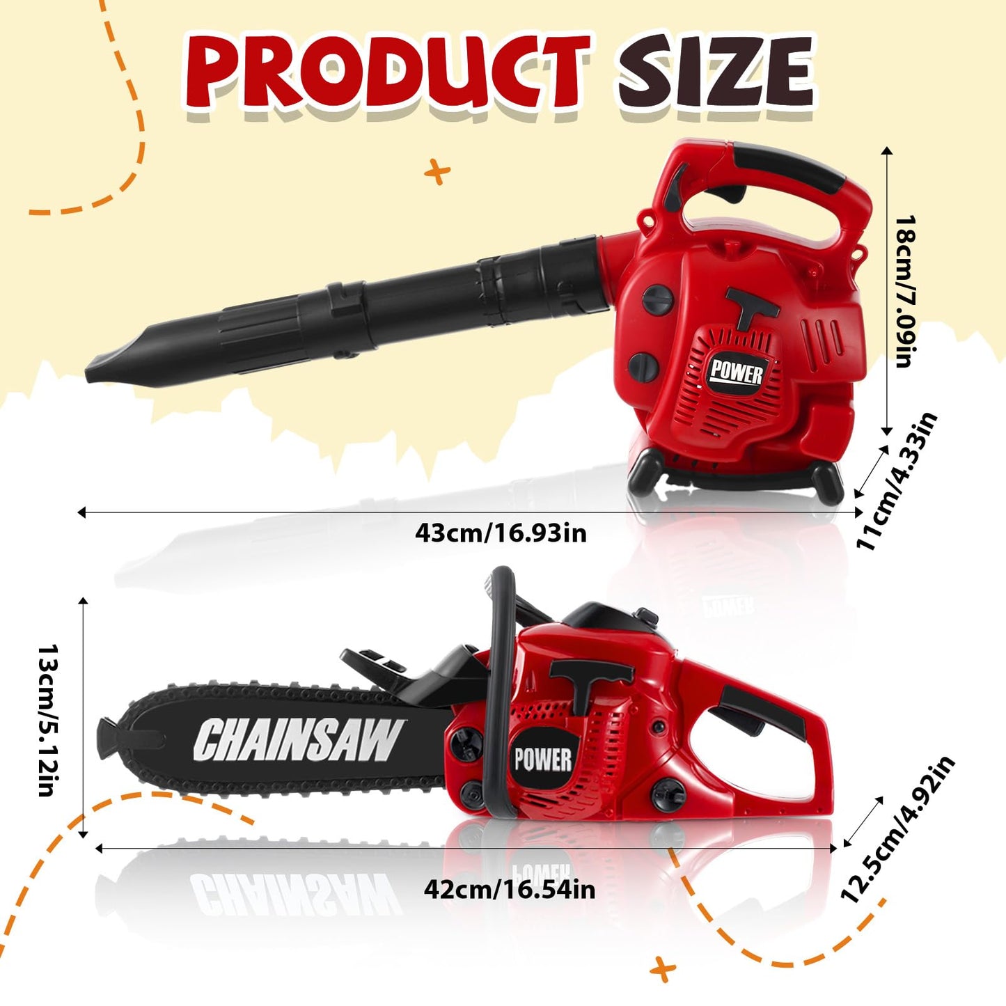 Arrowbash 2 Pcs Toy Gardening Tool Set for Kids Toy Leaf Blower Lawn Trimmer Chainsaw Battery Powered Gardening Tool Set with Lights and Sounds Gift for Boys Girls (Vivid Style)