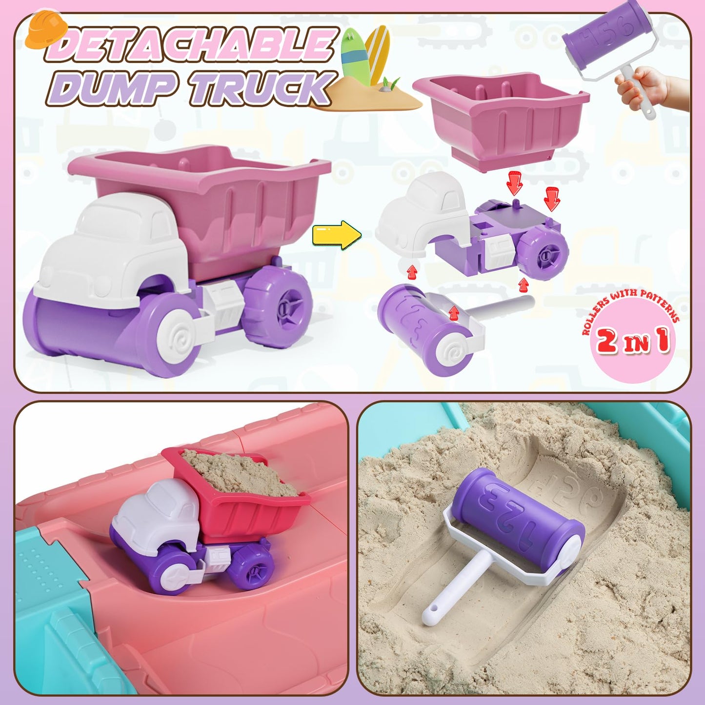 Kizjorya Sandbox With Lid, Kids Construction Sand Box With Excavator, Crane, Molds For Sensory Play, Toddler Outdoor Indoor Toys