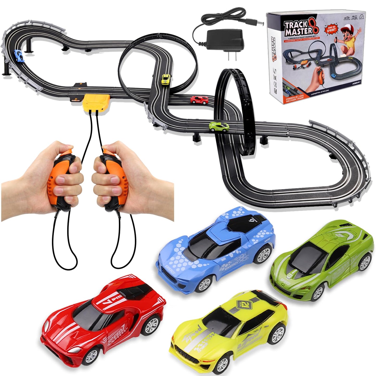 Slot Car Race Track Sets, 23Ft Battery Powered Or Electric Track With 4 Slot Cars, Dual Racing Game Lap Counters, Race Track Set Features A Loop, Turns, Straightaways And A Crossover For Boys Age 6-12