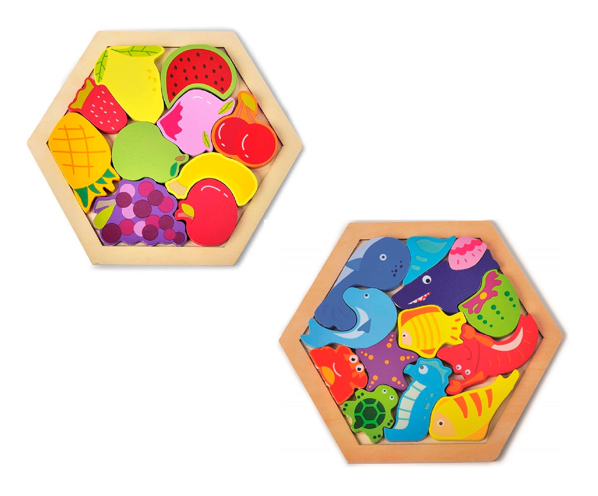 KIDS KINDLY Wooden Jigsaw Puzzles for Kids Combo: Pack of 02 Boards Fruits & Sea Animals Stacking Sorting Knowledgeable Montesz