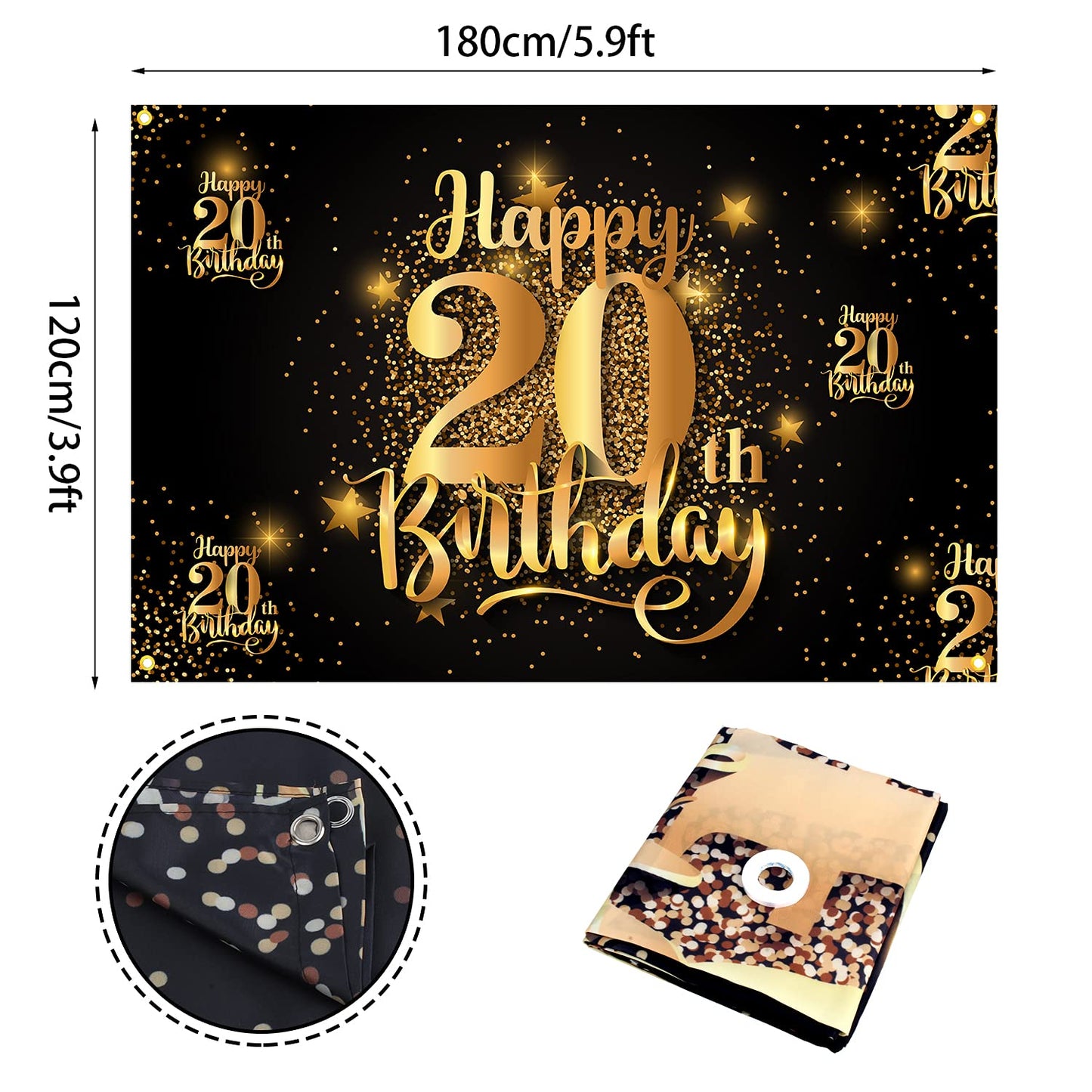 NC Happy 20th Birthday Backdrop Banner, 20th Size, Glitter Gold & White, Polyester, Step and Repeat Decorations for Photography Party Supplies