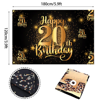 NC Happy 20th Birthday Backdrop Banner, 20th Size, Glitter Gold & White, Polyester, Step and Repeat Decorations for Photography Party Supplies