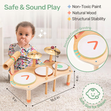 Oathx Kids Drum Set For Toddlers 3+, All-In-One Montessori Musical Instruments - Wooden Music Toys For Baby, Neutral Colors, Sensory Preschool Drum Kit, Birthday Gifts For Boys Girls