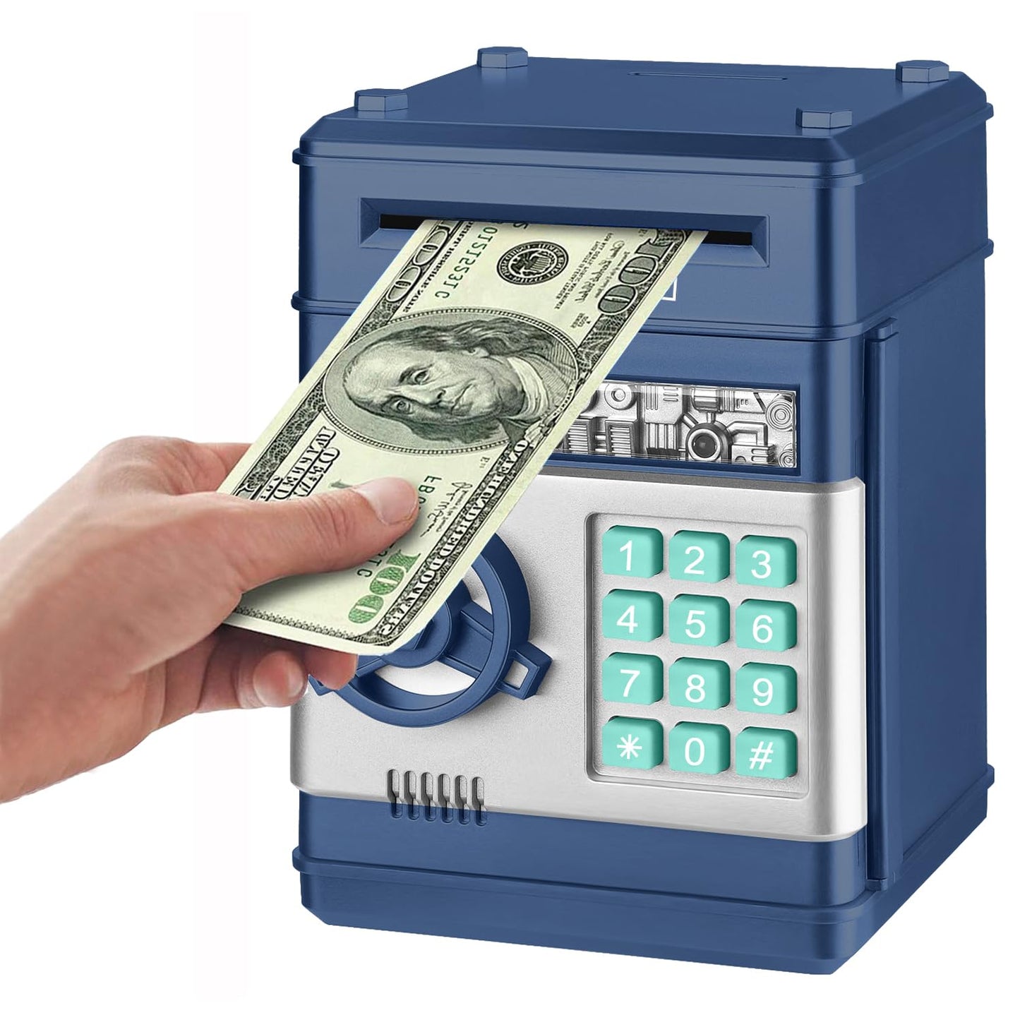 Adevena Electronic Piggy Bank, Mini Atm Password Money Bank Cash Coins Saving Box For Kids, Cartoon Safe Bank Box Perfect Toy Gifts For Boys Girls (Navy Blue)