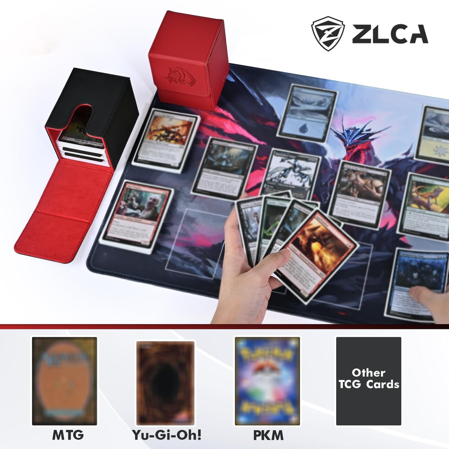 Zlca Card Deck Box For Trading Cards With 2 Dividers, Card Storage Box Fits 100+ Single Sleeved Cards, Pu Leather Card Deck Case Holder For Magic Commander Tcg Ccg (Black&Red,Emperor Dragon)
