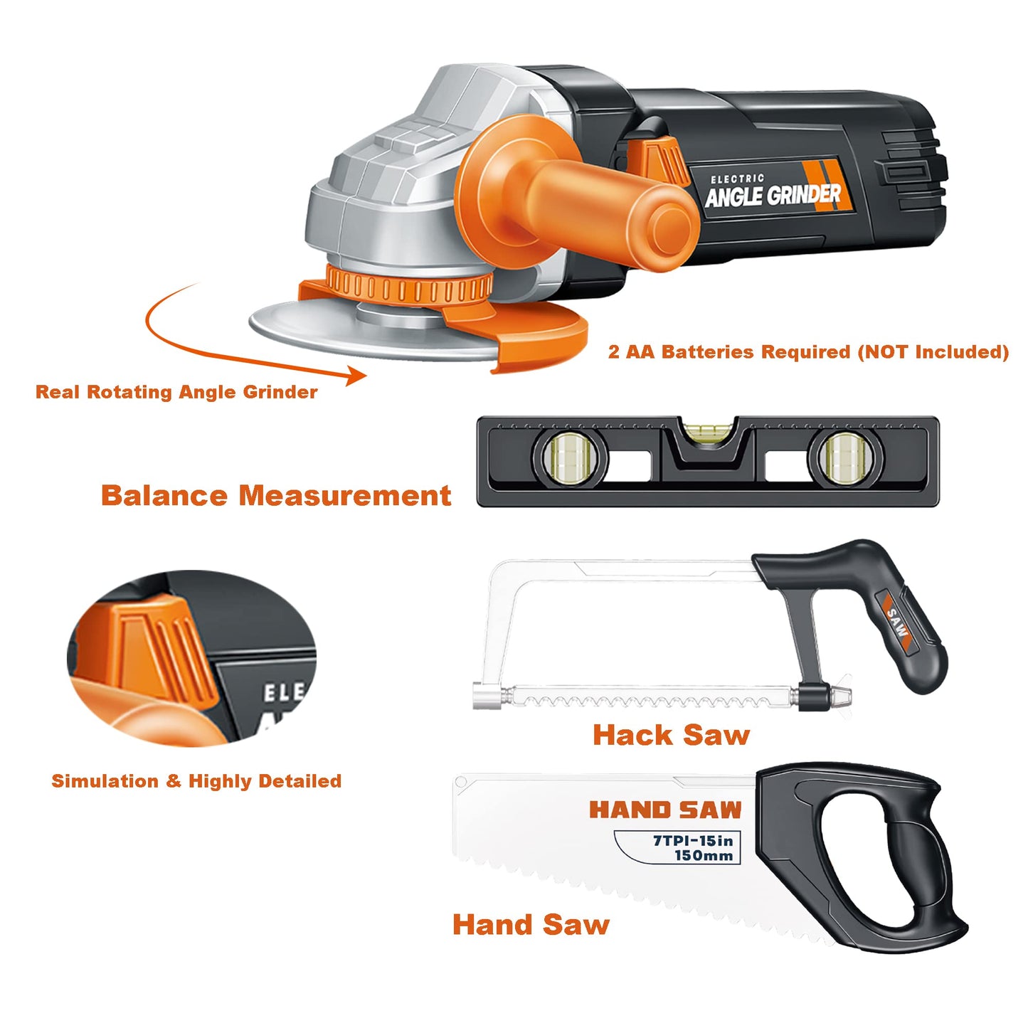 Pairez Toys Play Tools for Kids Ages 3-5, Realistic Angle Grinder, Wrench, Hammer, Screwdriver, Pretend Play Tool Box Sets, Lear