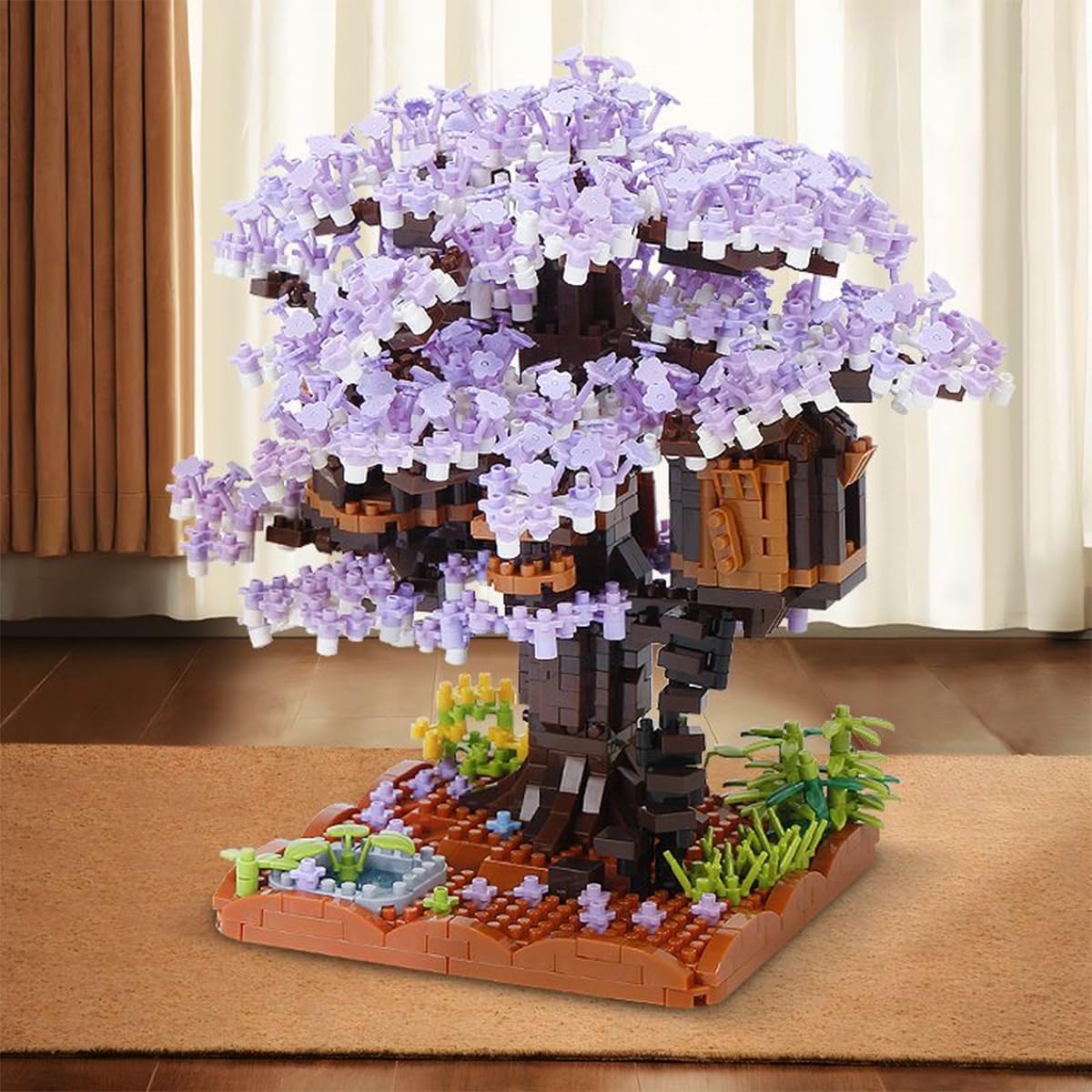 Bdydt Purple Cherry Blossom Bonsai Tree Building Blocks Set,(1443 Pieces) Flower Treehouse Model Mini Building Block Toys,Tree H