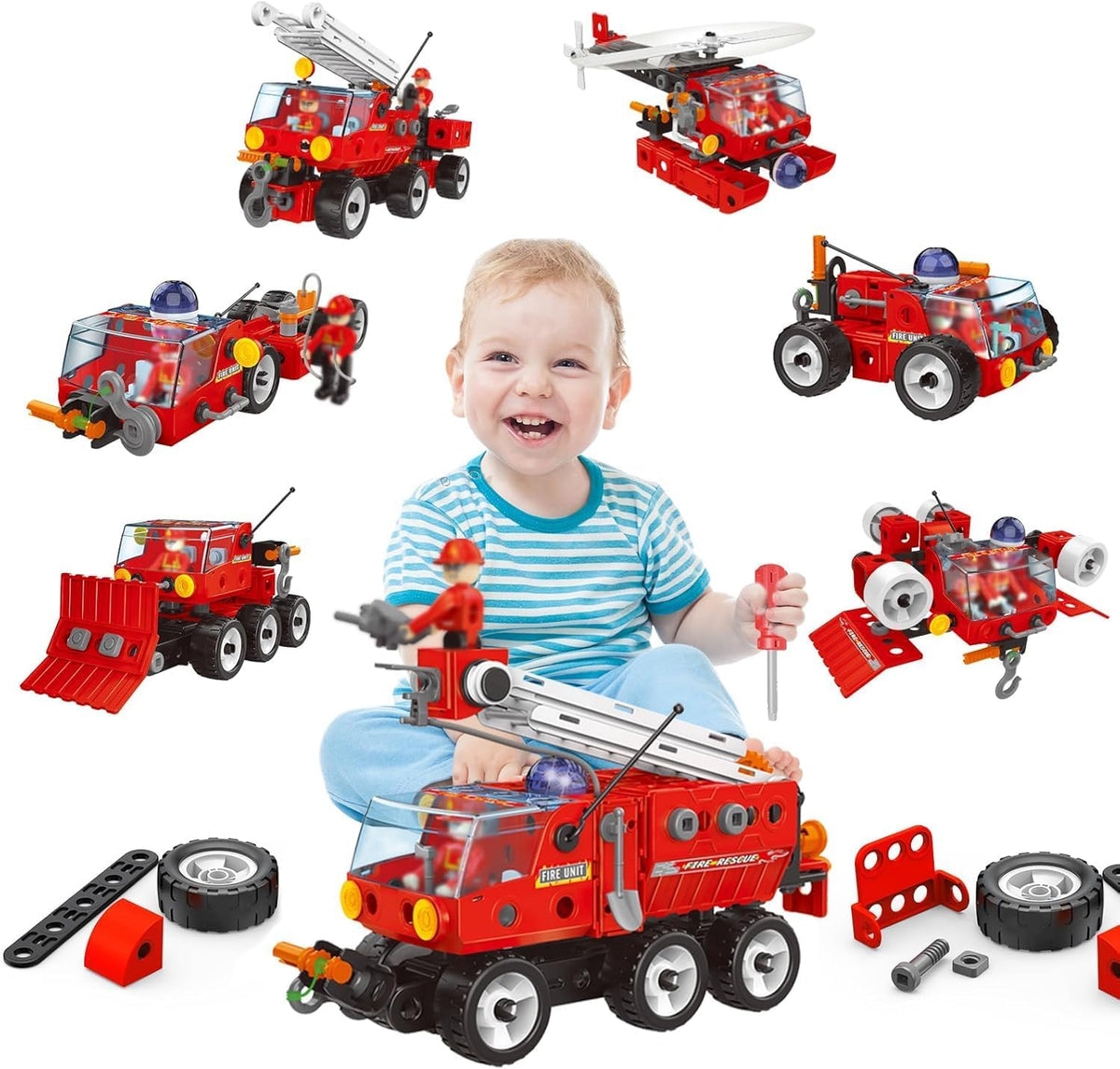 Joy Jesture 7 In 1 Stem Toys For 3 4 5 6 7 Year Old 159Pcs Fire Truck Toy For Kids Educational Science Kits For Boys Age 57 68