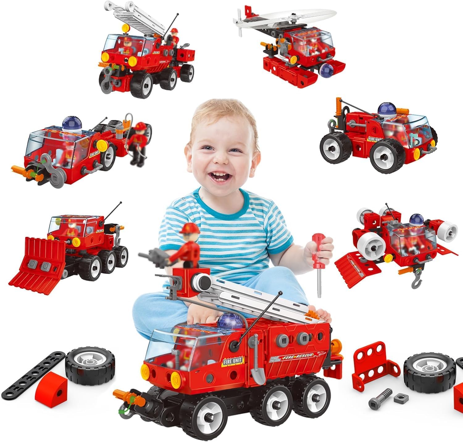 Joy Jesture 7 In 1 Stem Toys For 3 4 5 6 7 Year Old 159Pcs Fire Truck Toy For Kids Educational Science Kits For Boys Age 57 68