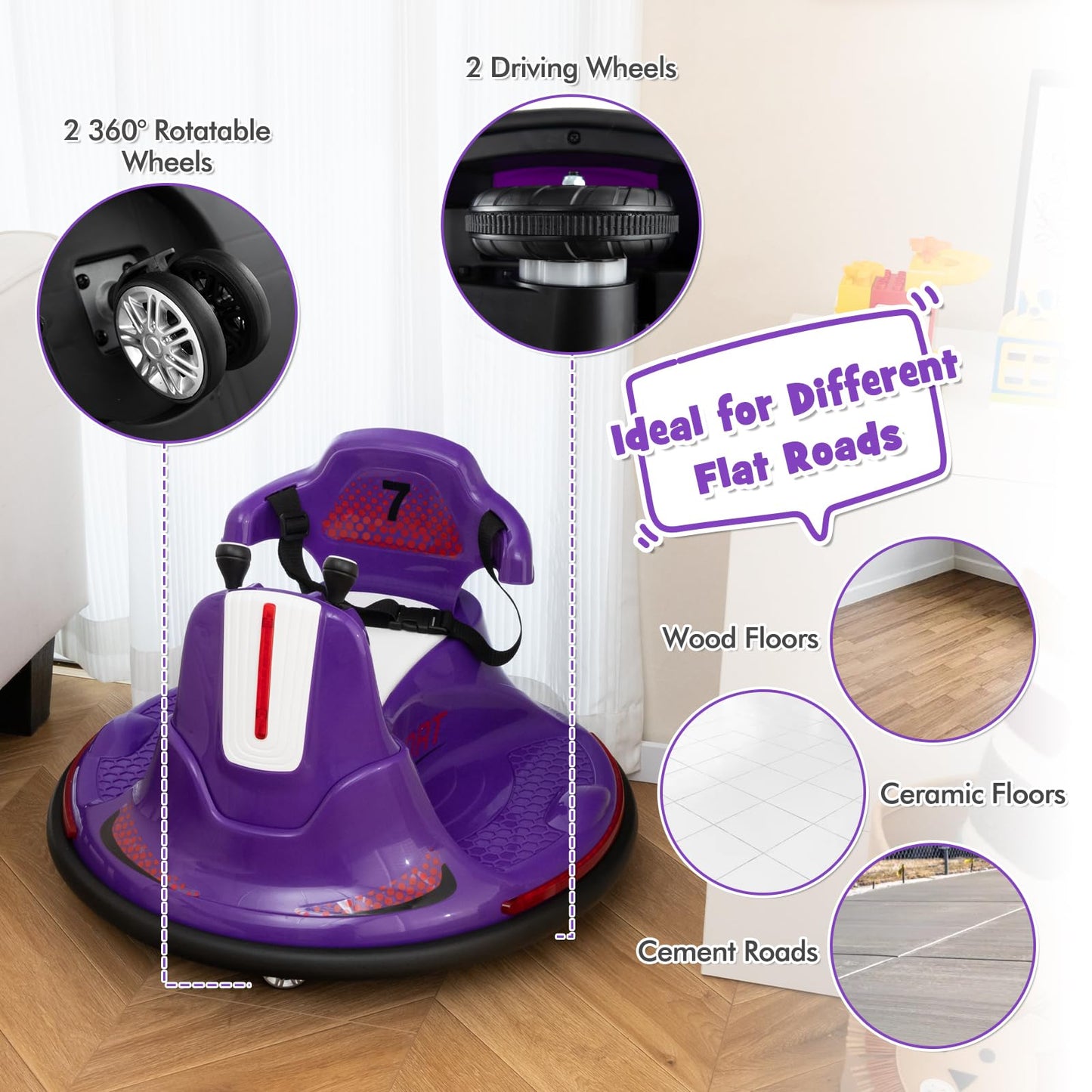 Costzon 12V Kids Ride On Bumper Car, Electric Bumper Car W/Dual Joysticks, Remote Control, 360° Spin, Slow Start Function, Led Lights & Fun Music, Adjustable Safety Belt, Soft Bumper (Purple)