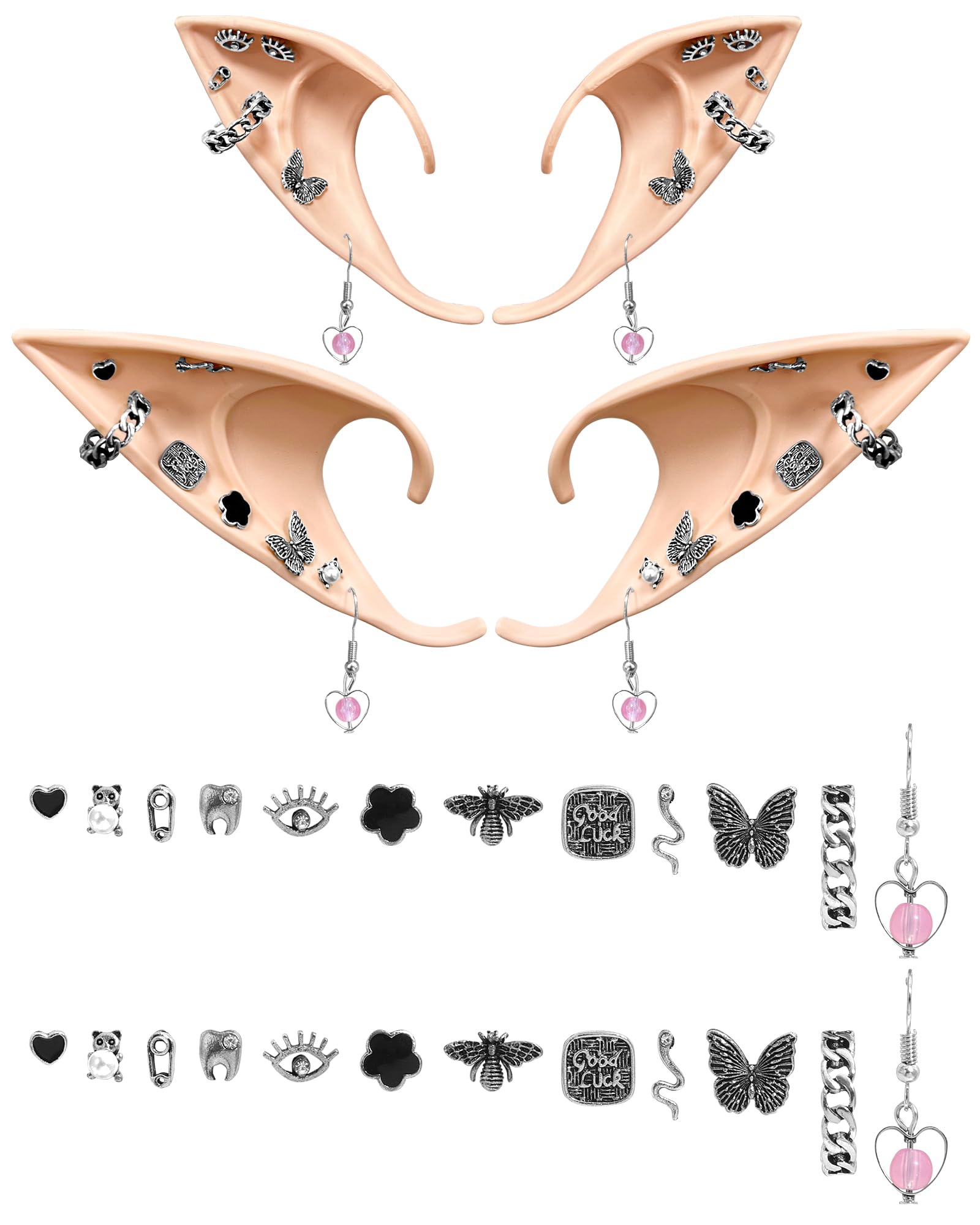 Hikkcos 3Pcs Elf Ears With Headband Halloween Elf Ears Cuffs For Kids Women Soft Latex Fairy Ears Flower Pearl Headbands Set For
