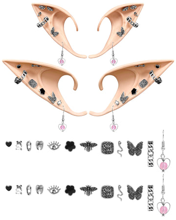 Hikkcos 3Pcs Elf Ears With Headband Halloween Elf Ears Cuffs For Kids Women Soft Latex Fairy Ears Flower Pearl Headbands Set For