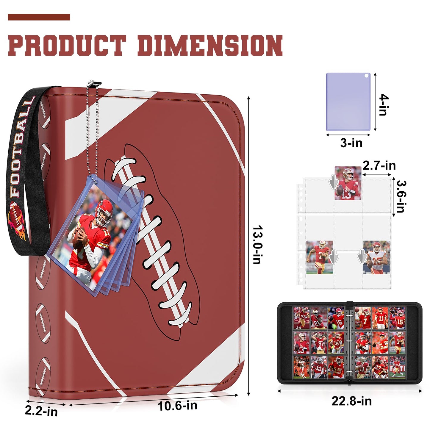 Mlikero 720 Pockets Football Card Binder  Sports Card Binder with Card Display Design  enhanced Card Ablums with Sports Pattern Wristband Fit for Football Cards 2025