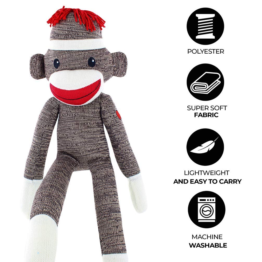 Plushland Adorable Sock Monkey, The Original Traditional Hand Knitted Stuffed Animal Toy Gift-For Kids, Babies, Teens, Girls And Boys Baby Doll Present Puppet 20 Inches (New Brown)