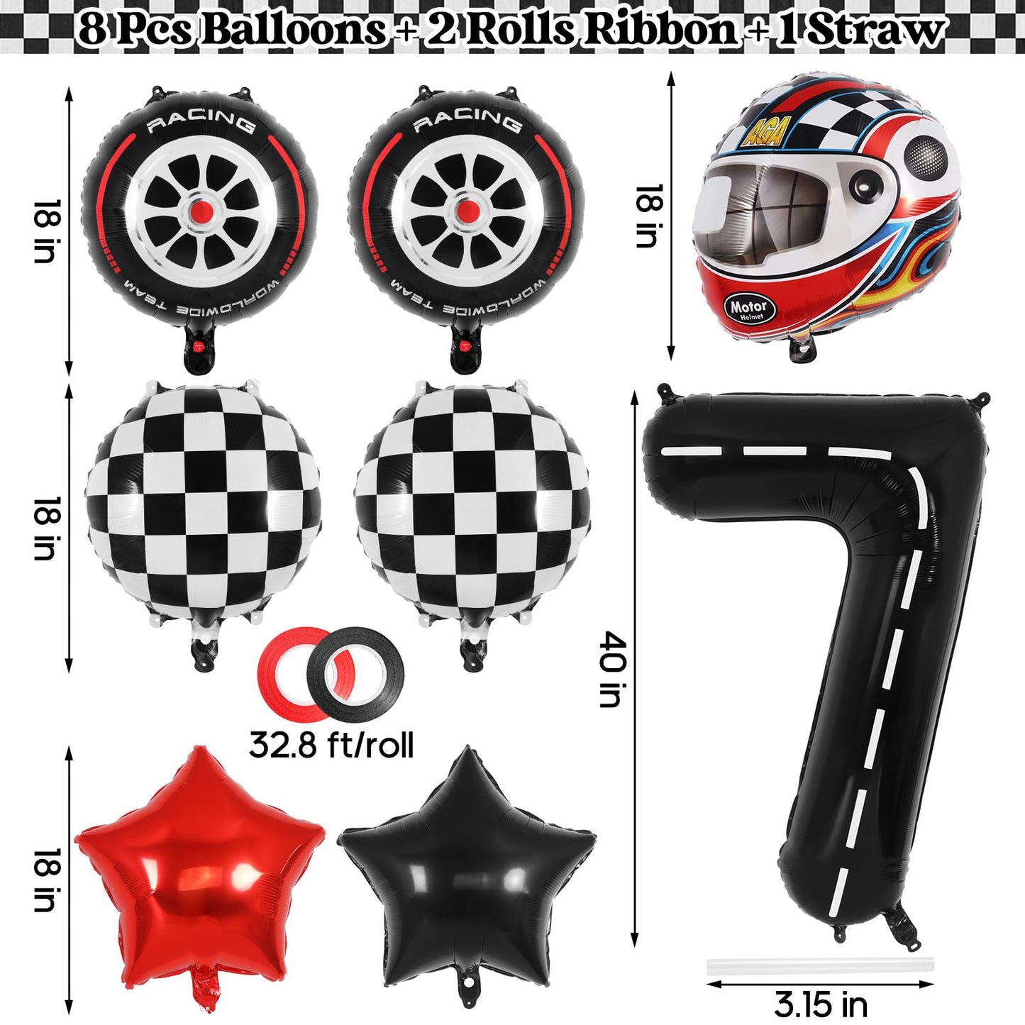 Race Car 7 Balloons, 40 Inch Racetrack Number 7 Balloon, Large Foil Mylar Racetrack Black 7 Balloon For 7 Year Old Birthday Race