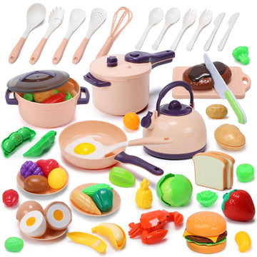 Cute Stone 51-Piece Mini Play Kitchen Accessories For Kids, Pretend Cooking Playset With Pots, Pans, Utensils, Cutting Fun Fruit
